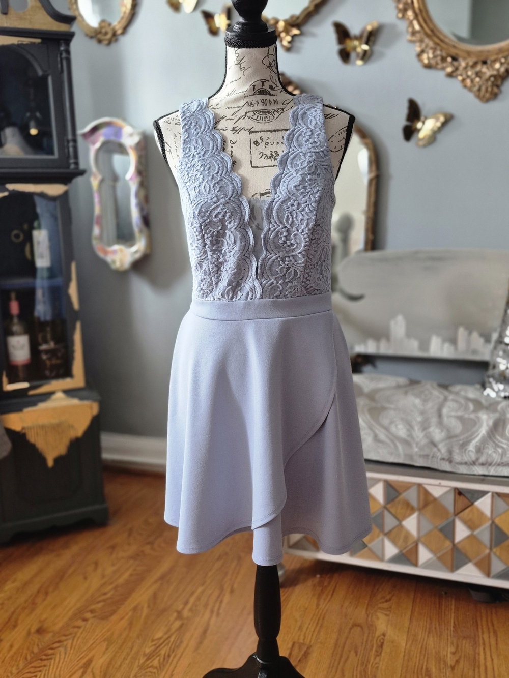 City Studio Baby Blue Lace V-Neck Mini Dress Size 9